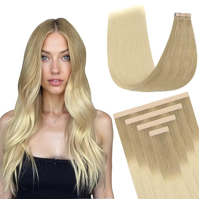 DOORES Tape in Extensions Real Human Hair, Light Brown to Golden Platinum Blonde 20 Inch 30g 10pcs, Remy Human Hair Extensions Tape in Hair Extensions for Women