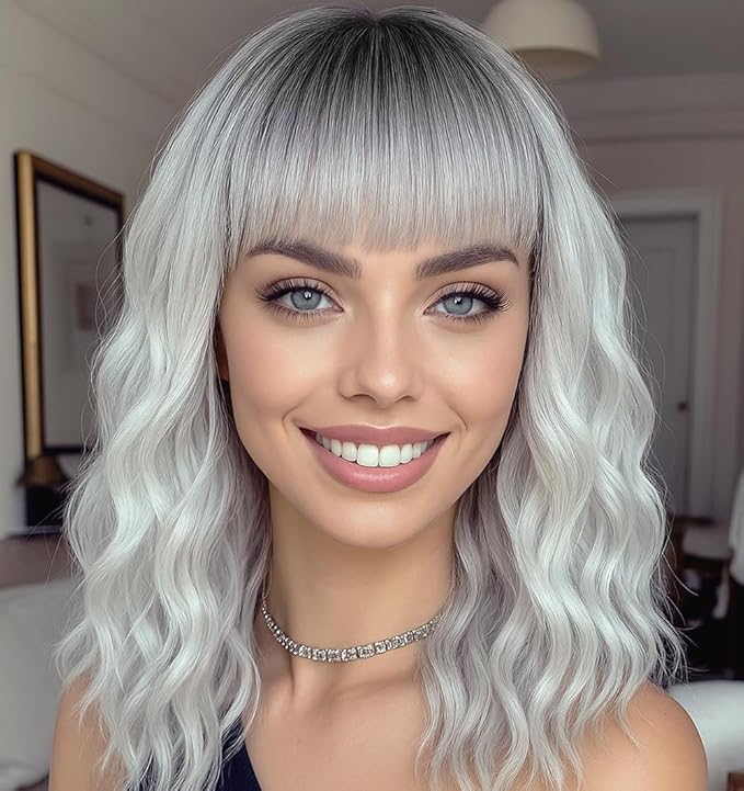 WAVE&BREEZE Short Gray Wigs for Women Sliver Grey Wig with Bangs Dark Roots Ombre Curly Bob Wig Shoulder Length Natural Looking Hair Replacement Wigs for Daily Party Use Cosplay Costume Halloween Wig