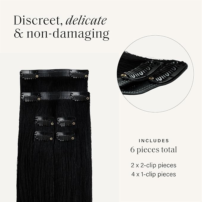 Luxy 100% Remy Human Hair Extensions for Thin Hair Thinning Hair Fill-Ins – 6 Seamless Wefts Multi-Dimensional Color Blend - Natural-Looking Volume & Coverage 95 grams 20" Jet Black Thinning
