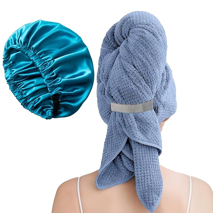 Large Microfiber Hair Towel Wrap & Satin Bonnet Set for Women, Ultra Absorbent Turban 24x42 Inches & Adjustable Night Cap for Curly Hair, Prevents Frizz & Breakage, Stocking Stuffers