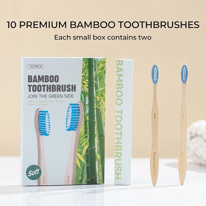 Bamboo Toothbrushes 10 Count, Soft Plant-Based Bristles, Natural Wooden Toothbrush for Adults, Biodegradable Travel Tooth Brushes