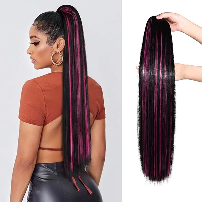 SEIKEA Ponytail Extensions Drawstring Long Straight Fake Pony Tail Natural Soft Clip in Hair Extension Synthetic Heat Resistant Hairpiece 28 Inch Natural Black with Pink Highlights
