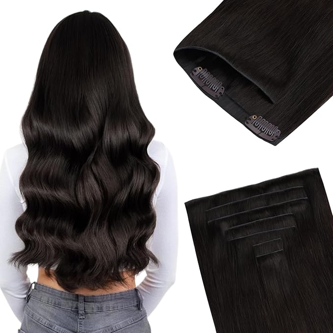 GOO GOO Invisi Edge Clip in Hair Extensions 18inch 120g 7Pcs Injected Seamless PU Clip in Hair Extensions, Virgin Real Human Hair, 2 Dark Brown