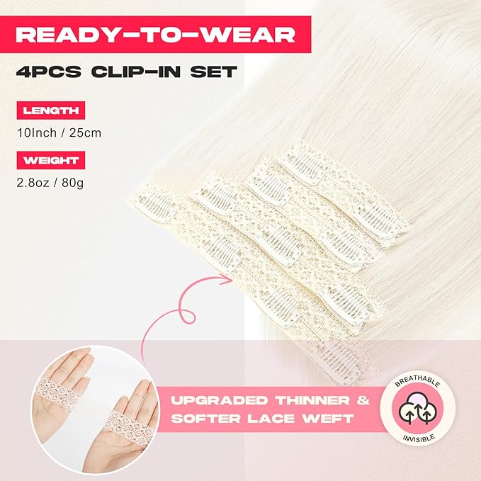 Hair Extensions, 10" Short Clip in Hair Extensions 4PCS Straight Natural Soft Synthetic Hairpiece for Women- Golden Blonde with Highlights