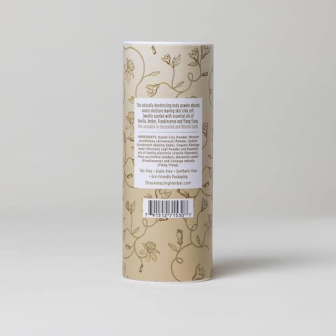 Ora's Amazing Herbal Body Powder for Women, Cornstarch and Talc Free, Bath and Dusting Powder, Amber Oil, Frankincense Essential Oil, Ylang-Ylang, Vanilla, Warm Scent, Sweet Love 2.5 oz