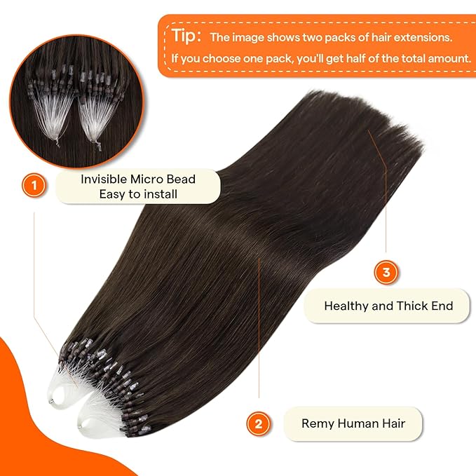 Full Shine Microlink Hair Extensions Human Hair 16 Inch Micro Loop Hair Extensions Real Human Hair Color 2 Dark Brown 50G with 7G Micro Beads Easy Installation add Volume for Women
