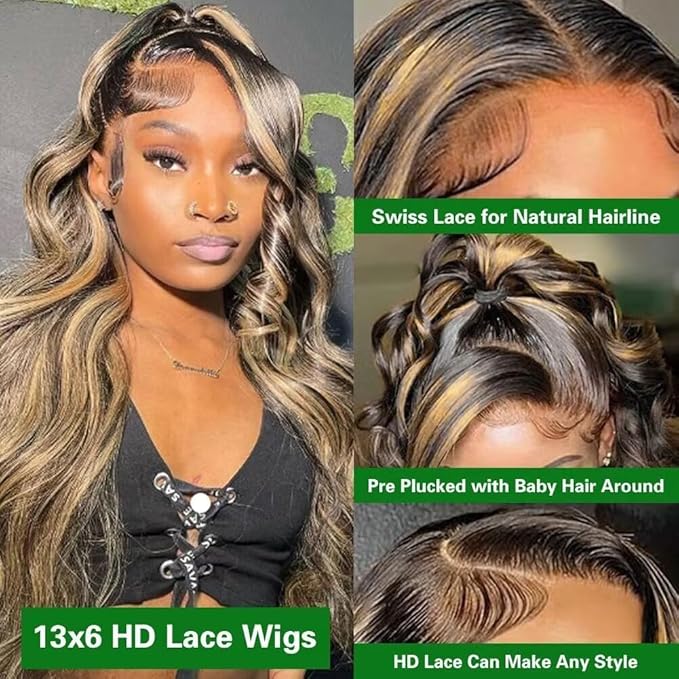 FB/27 Balayage Highlight Lace Front Wig Human Hair 13x6 HD Lace Front Wigs Human Hair Body Wave Wig 180% Density Glueless Wig for Black Women Colored Wigs Human Hair 20 Inch Highlight Wig