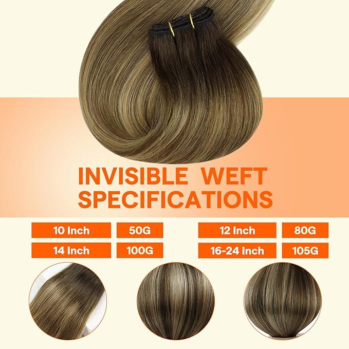 Full Shine Weft Hair Extesions Remy Straight Human Hair Bundles Sew In Extensions Remy Straight Hair Weft For Women Color Dark Brown To Honey Blonde Mix Brown Hair Weft 80G 12 Inch