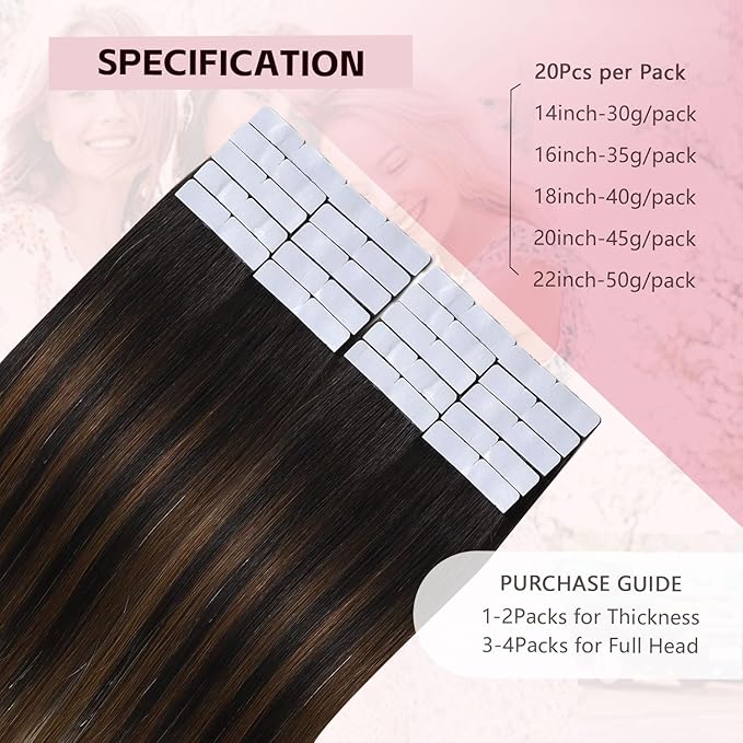 3rd-Generation Invisible Tape in Hair Extensions Real Human Hair#1b/4/27 Natural Black to Chocolate Brown and Caramel Blonde 20pcs 45g 20inch Injection Tape ins Extensions（#1b/4/27-20inch）