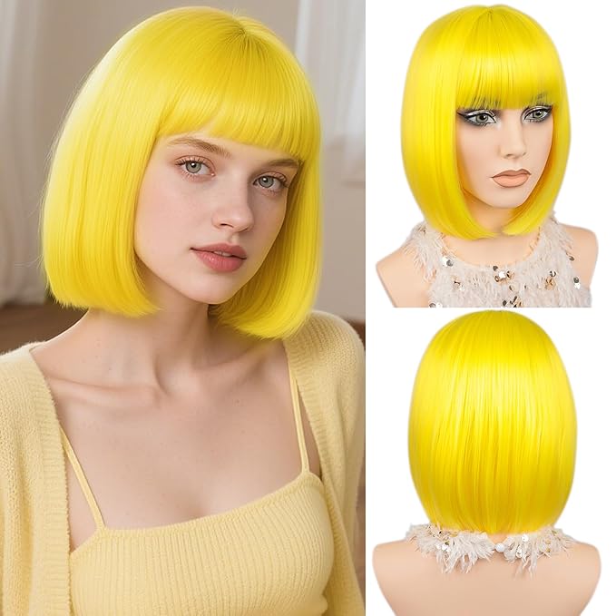 MAYSA Yellow Bob Wig with Bangs for Women Short Straight Neon Bob Wig 12in Synthetic Cosplay Daily Party Colorful Wigs # Yellow