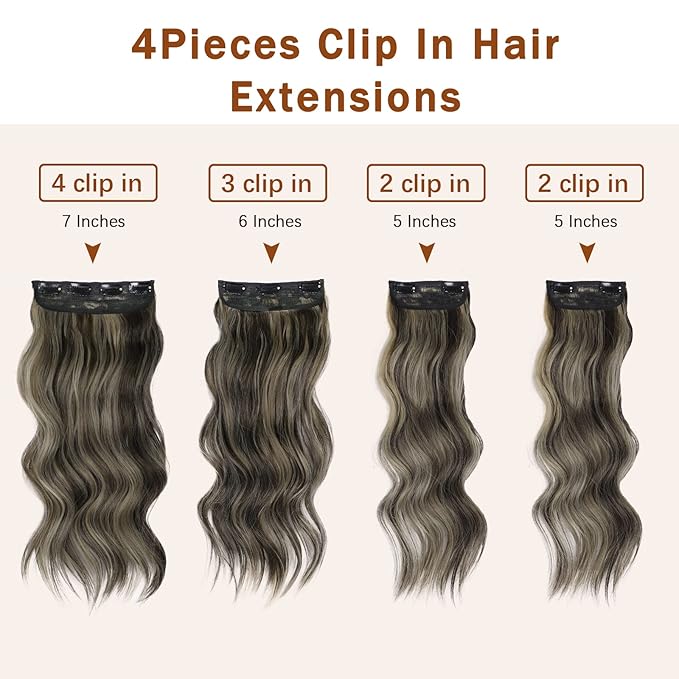 Vigorous Clip in Hair Extensions 20 Inch Walnut Brown Mixed Blonde Double Weft Hair Extension 4Pcs Natural Thick Long Wavy Synthetic Hairpieces for Women