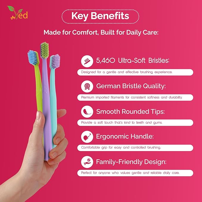 Ved ProCura Ultra Soft Toothbrush – Gentle Manual Toothbrush for Adults with 5,460 Super Soft Bristles for Sensitive Teeth and Gums (Purple+Cyan+Green)