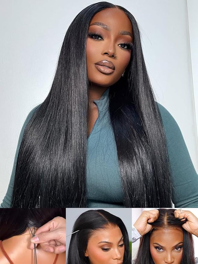 Glueless Wigs Human Hair Pre Plucked Pre Cut 9x6 Straight Lace Front Wigs 250 Density Invisi Drawstring Wigs 12A Brazilian Virgin Human Hair Wig Ready to Wear Wig 28 Inch