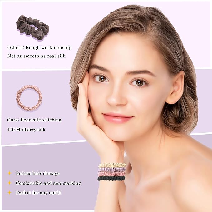 100% Silk Hair Ties – 8Pcs Pure Mulberry Silk Hair Scrunchies Smooth Skinny Small Hair Ties for Women, Soft Hair Bands Elastics for Sleeping, Frizz-Free