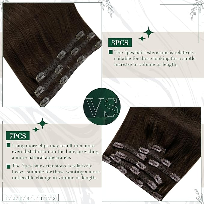 RUNATURE Clip in Extensions Real Human Hair, Brown Hair Extensions Clip Ins for Women, Remy Human Hair Clip in Extensions Double Weft Natural Hair 14 Inch 50g 3pcs #2 Dark Brown