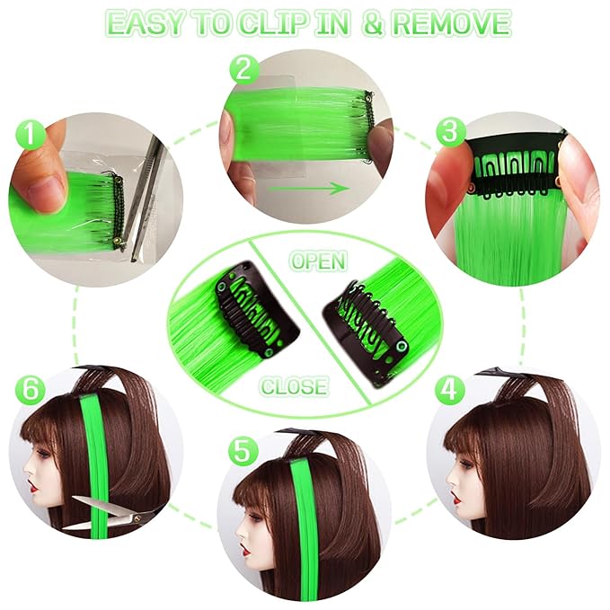 12 PCS Green Hair Extensions Clip in, 22" Colored Hair Extensions, Highlights Colorful Hair Piece DIY Hair Accessories on Daily Party