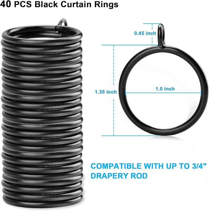 40 PCS Black Curtain Rings with Eyelet Apply for Up to 3/4 inch Curtain Rod (Black Drapery Rings)