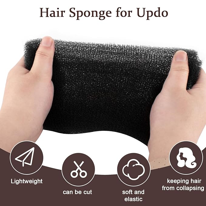 Hair Bumps for Volume Insert, Hair Sponge for Updo - Hair Mesh Filling Padding for Women - Bobby Pins - U Shape Hair Pin, Comb and Plastic Clips, Black