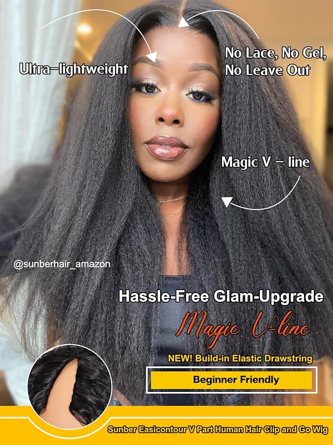 Sunber EasiContour Kinky Straight V Part Human Hair Glueless Wigs with Drawstring No Leave Out No Gel 180% Density Vpart light Kinky straight Clip In Half Wigs No Leave Out Real Scalp V Shape 20Inch