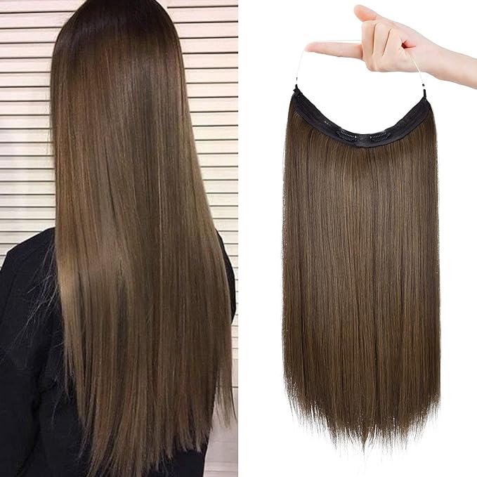 REECHO Invisible Wire Hair Extensions with Transparent Headband Adjustable Size Removable Secure Clips in Straight Secret Hairpiece for Women (24 Inch (Pack of 1), Ginger Brown)