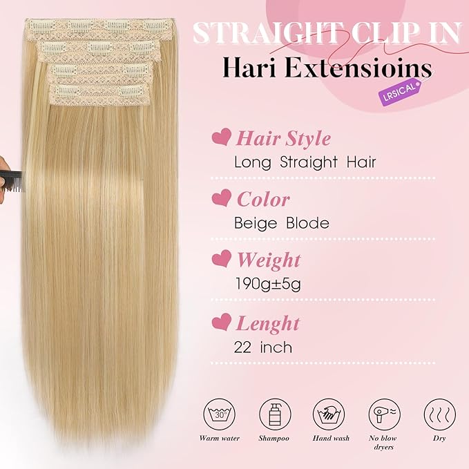 Clip in Hair Extensions Long Straight Synthetic Beige Blode 4 PCS Thick Hair Extensions Fiber Double Weft Hair Pieces for women 22 Inch