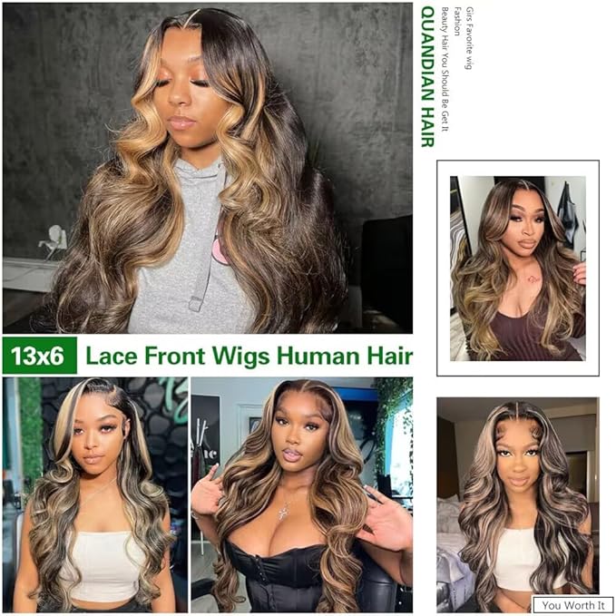 FB/27 Balayage Highlight Lace Front Wig Human Hair 13x6 HD Lace Front Wigs Human Hair Body Wave Wig 180% Density Glueless Wig for Black Women Colored Wigs Human Hair 18 Inch Highlight Wig