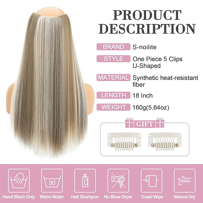 S-noilite One Piece Clip in Hair Extensions Balayage 18 Inch U-Shaped One Piece Weft Hair Extensions with 5 Clips Synthetic 3/4 Full Head Long Straight Clip in Hairpieces for Women,#620P60L