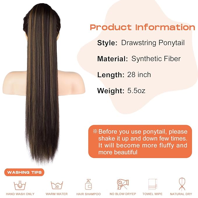 SEIKEA 28" Drawstring Ponytail Extensions Long Straight Fake Pony Tail Natural Soft Clip in Hair Extension Synthetic Heat Resistant Hairpiece - Chocolate Brown with Caramel Blonde Highlights