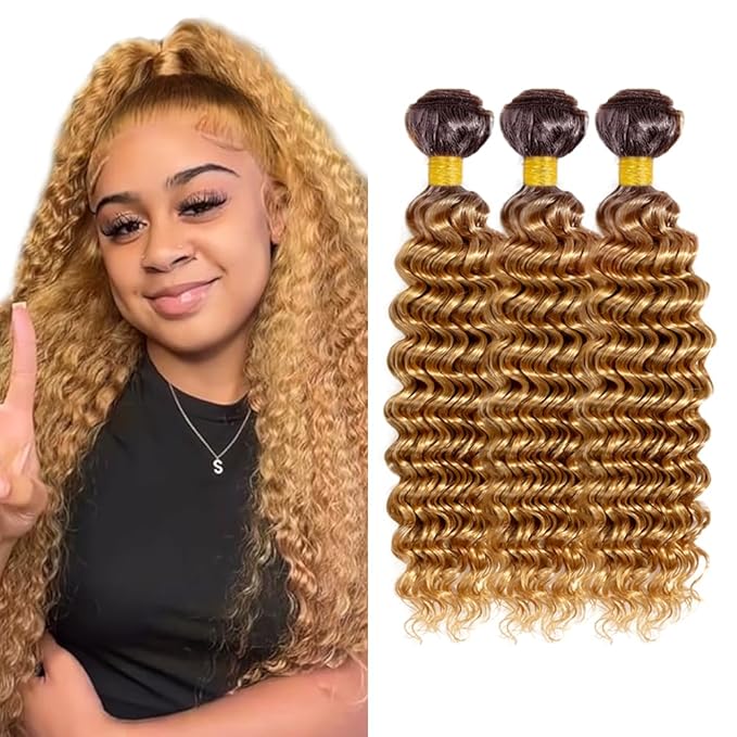 Ombre Bundles Human Hair T427 Deep Wave Bundles Honey Brown Human Hair Bundle 22 24 26 inch Two Tone #4 and #27 Color