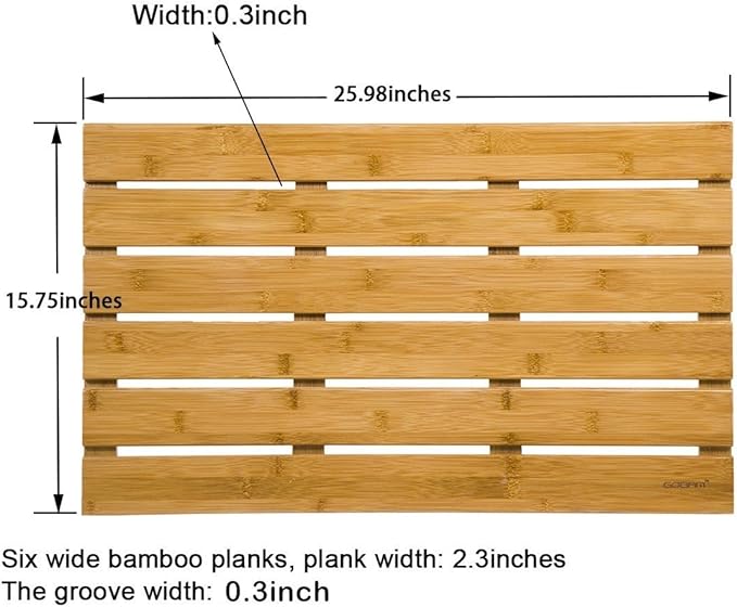 GOBAM Bamboo Bath Mat, Large, 26 x 15.8 x 1.3 inches - Non-Slip - Floor Mat for Bathroom, Spa, Sauna, Kitchen, Indoor & Outdoor Spaces, Shower Mat for Bathroom Decor - Natural