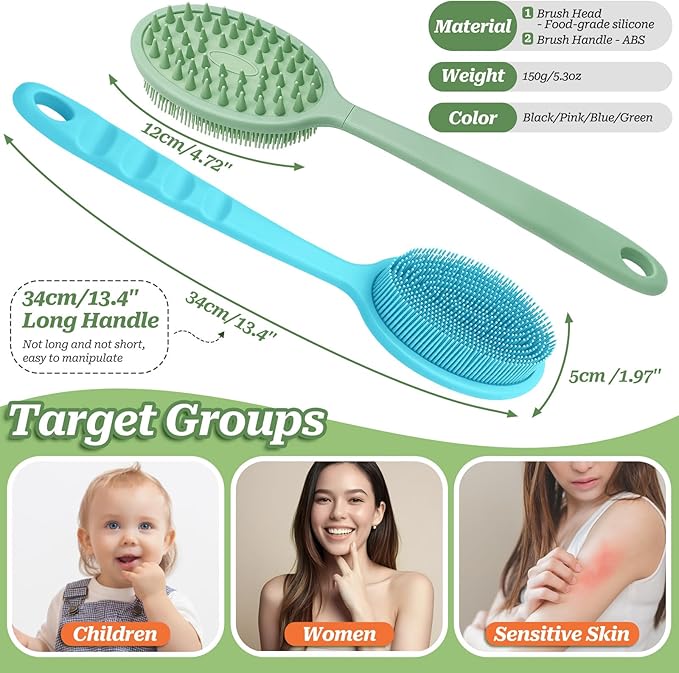 Silicone Face & Back Scrubber Set, Manual Face & Body Scrubber Exfoliator with Soft Bristles and Non-Slip Handle, Back Brush Bath Brush with Detachable Brush Head(2PCS Blue Set)