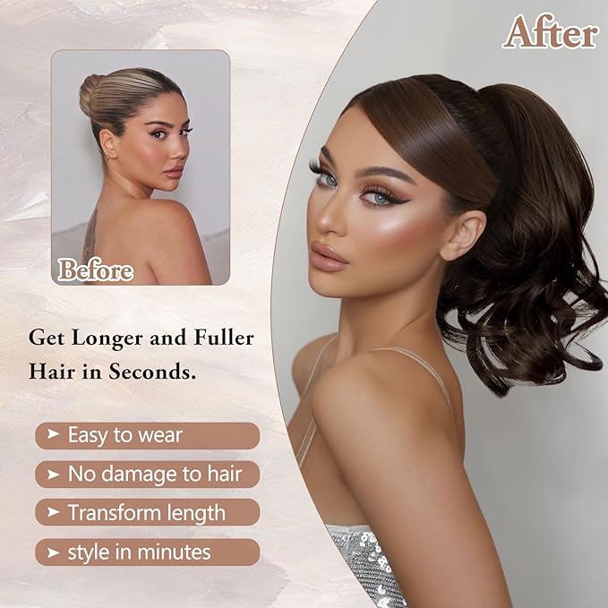 Ponytail Extension,12" Claw Clip in Ponytail Extensions Curly Wavy Ponytail Hair Extension Jaw Clip on Pony Tails Hairpiece for Women - Ligjt Brown8#