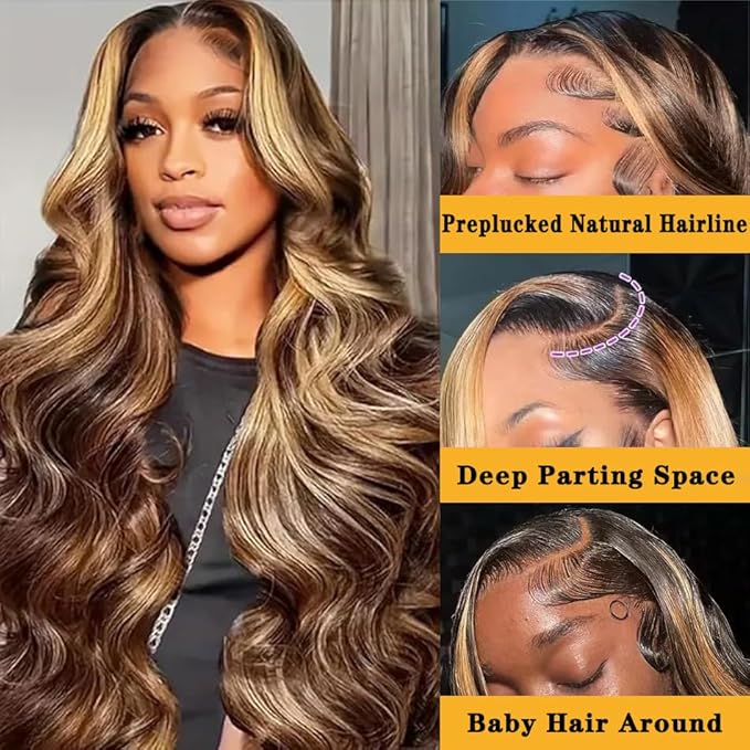Highlight Ombre Lace Front Human Hair Wig - Pre-Plucked Body Wave 4/27 Colored Honey Blonde - 13x4 HD Lace Frontal 180 Density Glueless for Women - 24 Inch