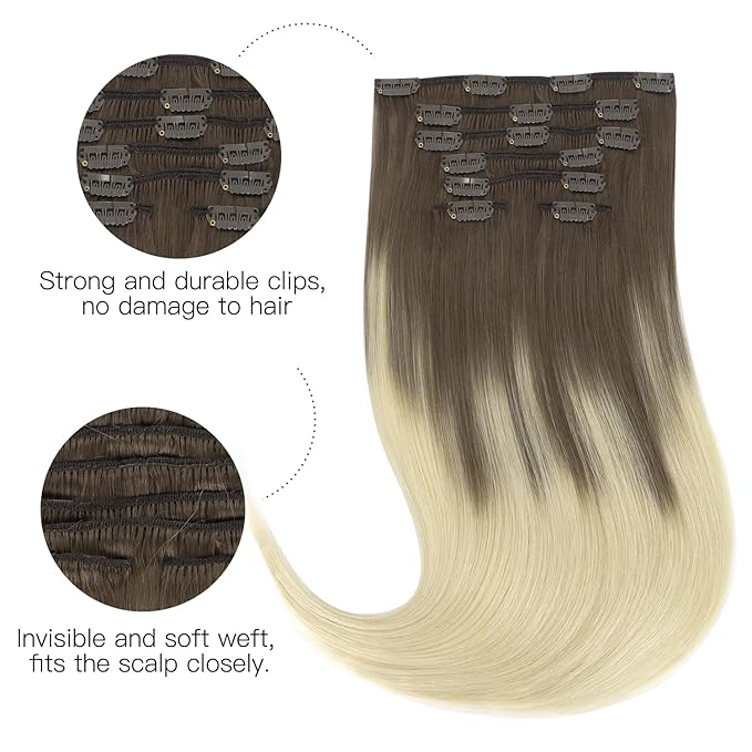 HOTBANANA Human Hair Clip-in Extensions, Ombre Sandy Brown to Platinum Blonde 75g Real Human Hair Straight Remy 12 Inch 7pcs