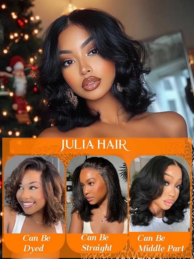Julia Hair 10 Inch Light Yaki Loose Wave Bob Wig Put On and Go Glueless 13X4 HD Lace Front Short Natural Black Wigs Pre Plucked Pre Cut Lace Bleached Knots with Elastic Drawstring