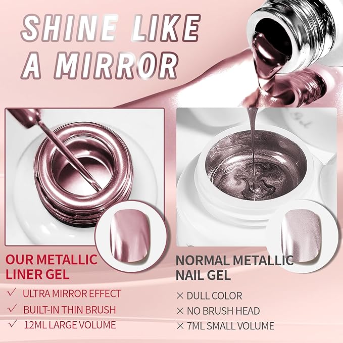 12ml Metallic Painting Gel Liner Nail Art 3D Mirror Chrome Effect Metal Painted Drawing Build in Thin Brush Soak Off UV/LED Rose Gold Striper Gel for Salon DIY Manicure