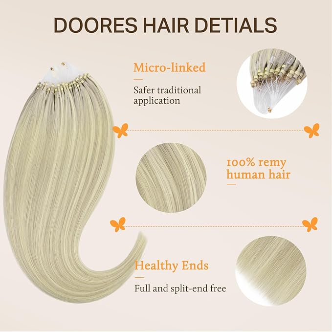 DOORES Micro Bead Hair Extensions Real Human Hair, Ash Blonde Highlighted Platinum Blonde 20 Inch 50g/50s, Long Straight Invisible Bead Extensions Human Hair