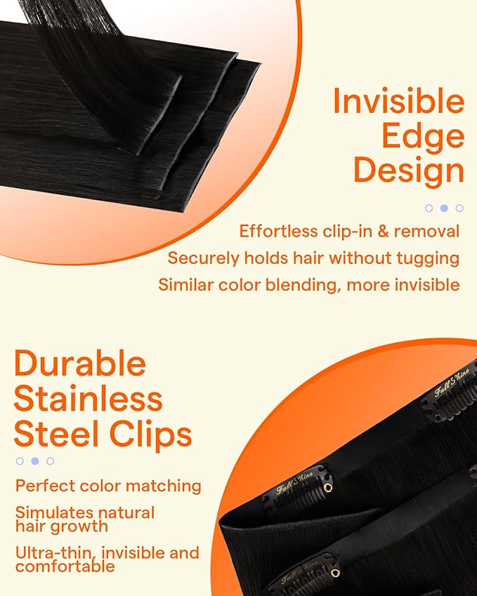 Full Shine Injection Seamless Clip in Hair Extensions Natural Black Real Hair Clip in Extensions Black Invisi Edge Hair Extension Full Head 16 Inch 120 Grams 6 PCS