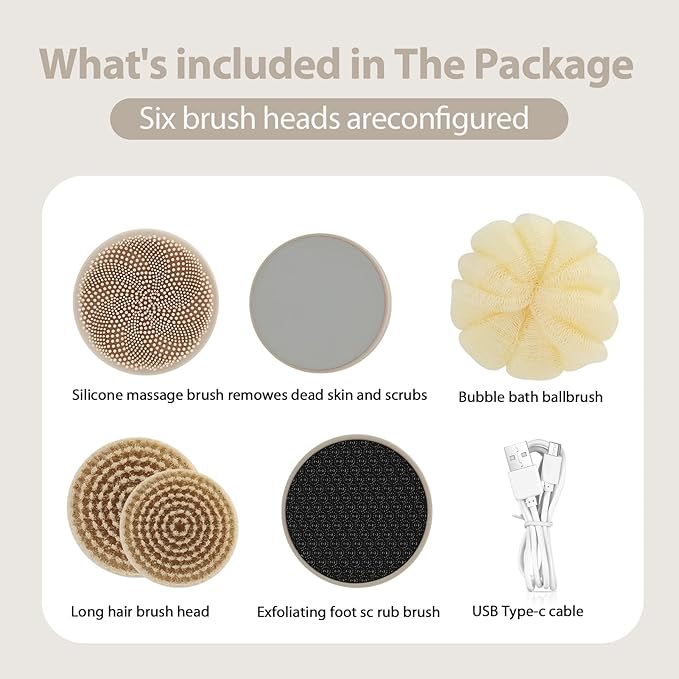 Electric Body Brush Back Scrubber for Shower, Waterproof Long Handle Power Body Scrubber with 6 Heads, Rechargeable Bath Brush & 3 Speeds, for Cleansing, Exfoliating and Massaging Skin (Yellow)