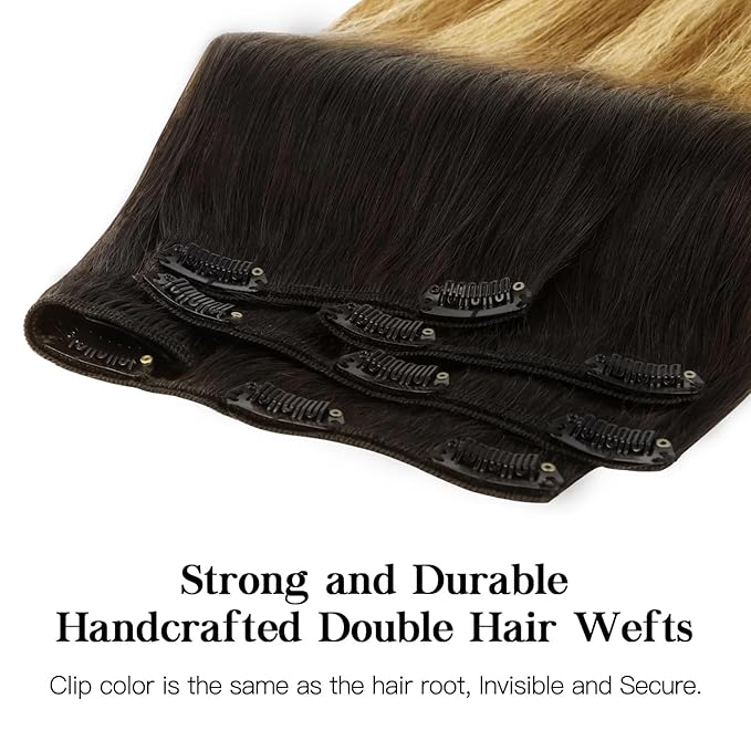 HOTBANANA Human Hair Clip in Hair Extensions, Dark Brown to Chestnut Brown and Dirty Blonde Highlighted (Warm Tone) 120g Clip in Hair Extensions Real Human Hair Straight Remy Hair 20 Inch 7pcs