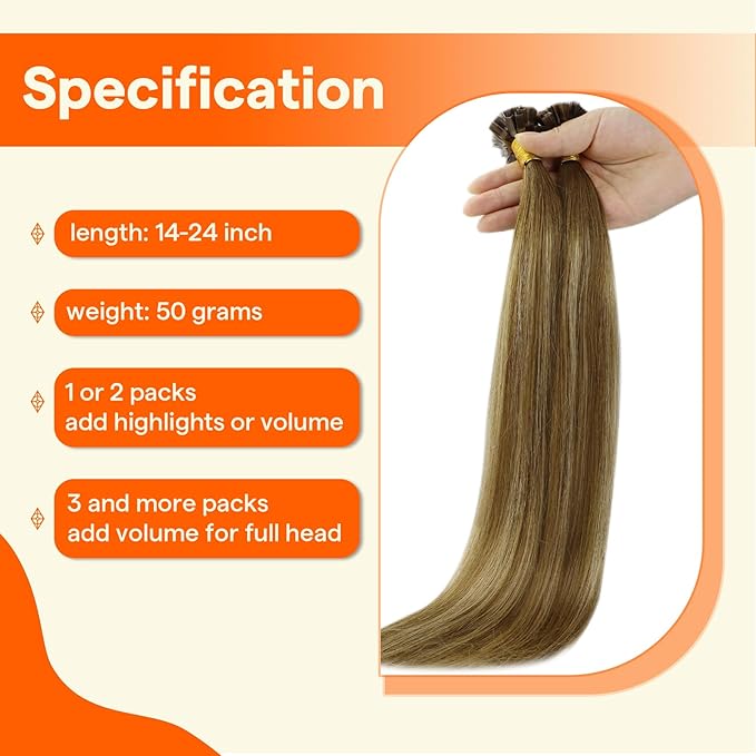 Full Shine K Tip Hair Extensions Real Human Hair Brown Ombre Blonde and Brown Keratin Human Hair Extensions 24 Inch Long Straight Hair Fusion Extensions 50 Grams add Length