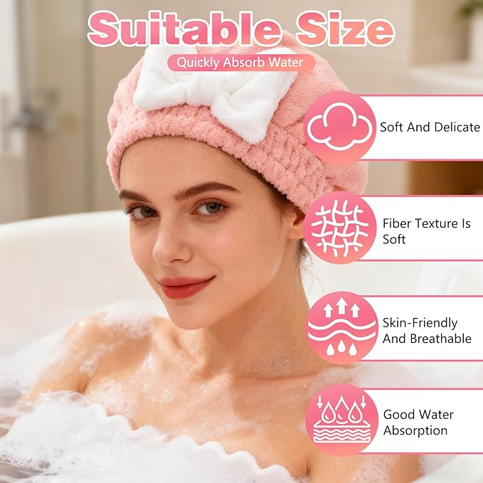 Microfiber Hair Drying Caps, Christmas Absorbent Hair Towel Wrap for Women Wet Hair Quick-Drying Hair Towels, Soft Bow Tie Wet Hair Towel Wrap for Party Favors Goody Bag Filler (Pink+Blue)