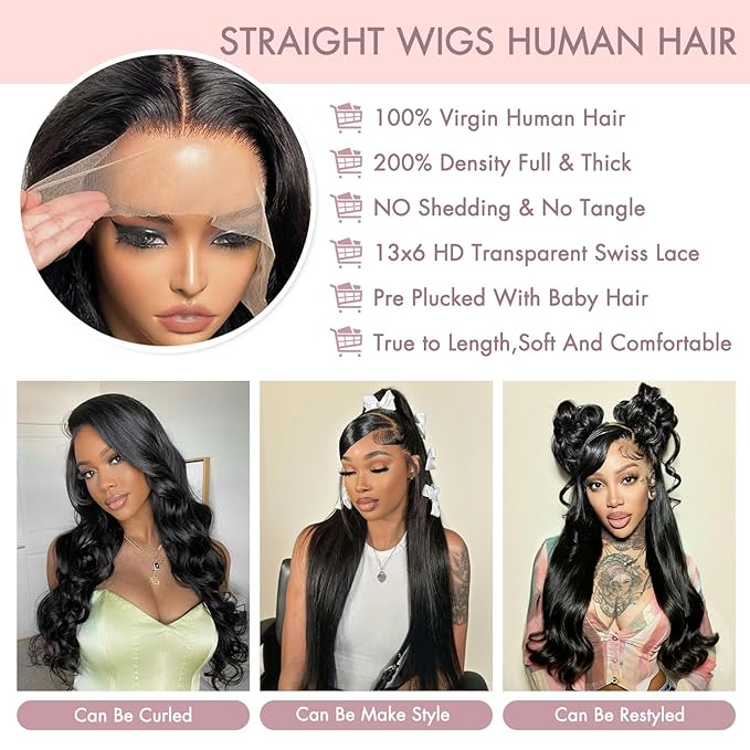 36 Inch 13x6 Lace Front Wigs Human Hair Pre Plucked Straight Wigs Human Hair 200 Density HD Transparent Lace Frontal Wigs for Women Glueless Wigs Human Hair Natural Color