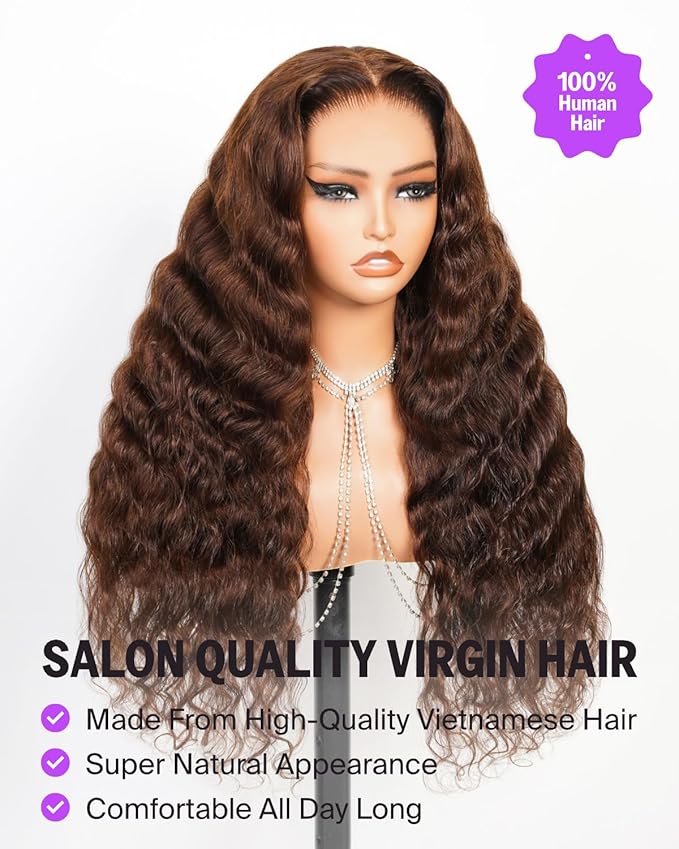 13x6 Chocolate Brown Lace Front Wig Human Hair 220% Density Glueless Wigs Human Hair Pre Plucked Pre Cut Pre Bleached HD Frontal Brown Loose Wave Drawstring Wig 26 Inch 4#