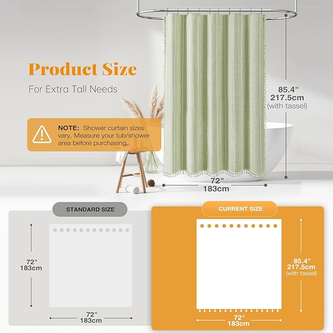 BTTN Boho Farmhouse Shower Curtain - Linen Rustic Heavy Duty Striped Fabric Shower Curtain Set, Bohemian Vintage Country Cloth Shower Curtains for Bathroom, Sage Green, 72" W x 84" L (Pack of 1)