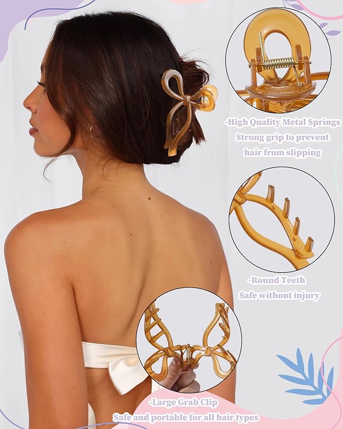 4 PCS Bow Hair Clips Bow Claw Clip for Women Nonslip Large Hair Claw Clips for Thin and Thick Hair Strong Hold Hair Bows (Yellow+Brown+Black Leopard Print+Brown Leopard Print)