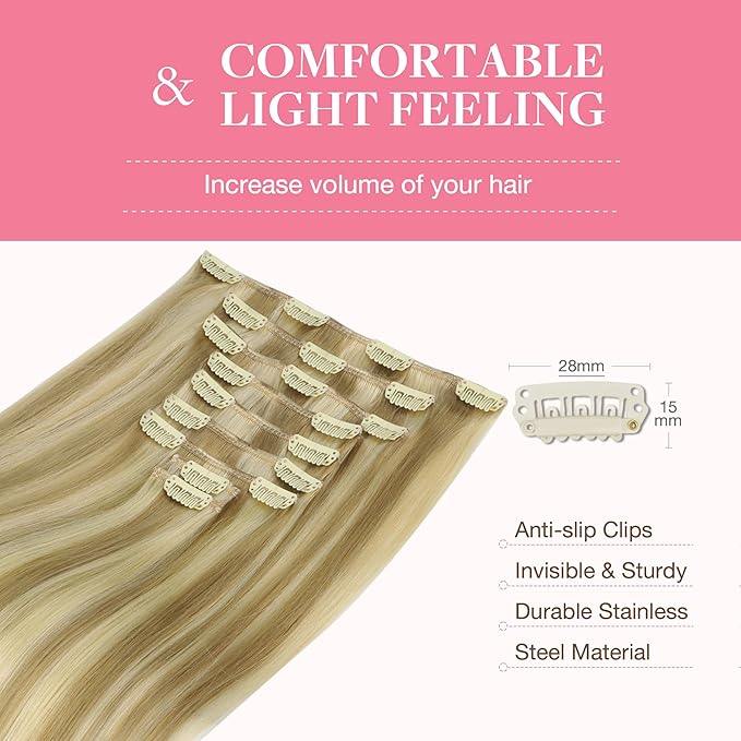 GOO GOO Clip in Hair Extensions Real Human Hair, Remy Human Hair Extensions Clip ins for Women, Natural Human Hair, 14inch 150g 9Pcs, 16/22 Light Blonde Highlighted Golden Blonde