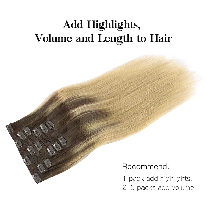 HOTBANANA Human Hair Clip in Hair Extensions, Balayage Chocolate Brown to Dirty Blonde 120g Clip in Hair Extensions Real Human Hair Straight Remy Hair Clip Ins Dark Roots Ombre 18 Inch 7pcs