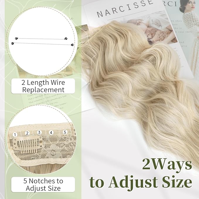 KooKaStyle Invisible Wire Hair Extensions with Transparent Headband Adjustable Size 4 Secure Clips Long Wavy Secret Wire Hairpiece 20 Inch for Women (20 Inch, Light Brown mix Platinum Blonde)