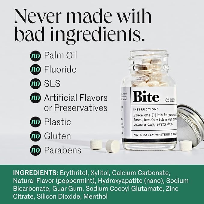 Bite Whitening Toothpaste Tablets (2 Months) – Fluoride Free, Nano Hydroxyapatite + Xylitol, Mint – Vegan, Cruelty-Free, Made in USA, Sensitive Teeth, Travel Size, Adults & Kids, (2 Bottles, 124 Tabs)